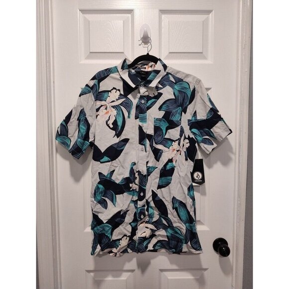 Volcom Mens Cut out Modern fit‎ Short Sleeve Button-Up LARGE Blue Green Floral - Picture 1 of 13